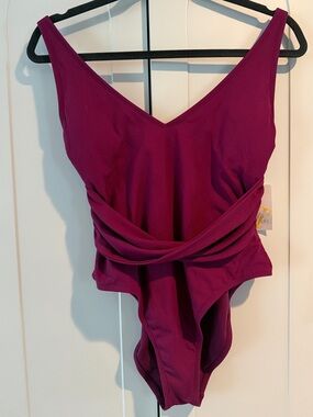 NWT Purple V-Neck One-Piece Ribbed  High Leg Swimsuit M (8-10)